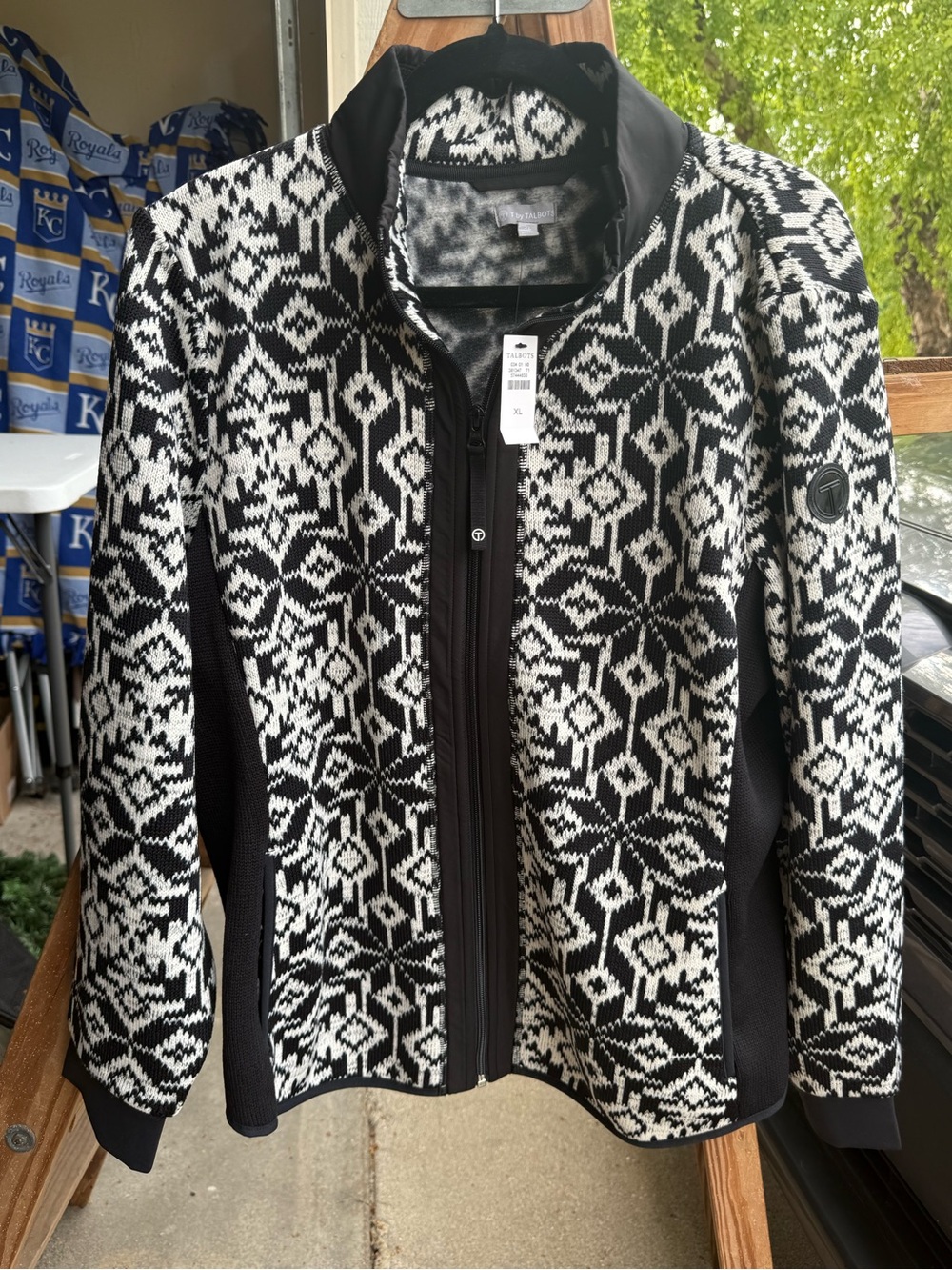 Talbots Black and White Geometric Knit Bomber Jacket